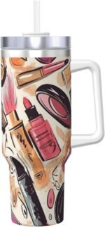 40 oz Stainless Steel Tumbler with Handle and Straw, Cosmetic And Makeup Theme Pattern Car Cup Insulated Water Bottle Personalized Ice Bully Cup Hot/Cold Travel Coffee Mug Gifts, Cupholder Friendly - Image 2