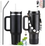 40 oz Tumbler Insulated Mug w/Straw & Flip Cap Lids - Cup Holder Bottle with 6 Accessories Set for Hot, Cold Drink - Leak-Proof - Water, Coffee Portable Travel Mug (Midnight Black) - Image 2