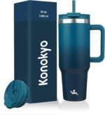 40 oz Tumbler with Handle and 2 Straws,2 in 1 Lid Insulated Water Bottle Stainless Steel Travel Coffee Mug,Indigo Black - Image 2
