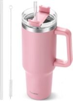 40 oz Tumbler with Handle and Straw, Pink Insulated Travel Mug Iced Coffee Cup, Reusable Stainless Steel Insulated Water Bottle, Keeps Drinks Cold for 34 Hours, Women Christmas Gifts for Mom Grandma - Image 2