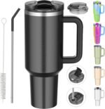40 oz tumbler with handle and straw,Double Wall Vacuum Reusable Stainless Steel Insulated Water Bottle,With Leak Proof lid and Straw for Iced or Cold Beverages (Black) - Image 2