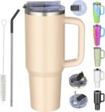 40 oz tumbler with handle and straw,Double Wall Vacuum Reusable Stainless Steel Insulated Water Bottle,With Leak Proof lid and Straw for Iced or Cold Beverages (Rose Quartz) - Image 2