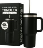 40oz Black Tumbler with Handle & Straw Lid Stainless Steel Insulated Travel Mug for Hot & Cold Drinks Leak Proof Reusable Cup Holder Friendly Gift for Men & Women - Image 2