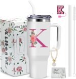 40oz Initial Tumbler,Personalized Gift for Women,Sister,Wife,Best Friend,Monogrammed Gifts for Birthday, Christmas,Custom Tumbler,Cute Tumblers with Straws-K - Image 2