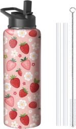 40oz Pink Strawberry Water Bottle with Handle and Flip Straw, Sports Stainless Steel Insulated Cup Travel Coffee Mug Tumbler, Birthday Mothers Day Chritmas Gifts for Women - Image 2