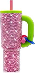 40oz Rhinestone Insulated Tumbler with Handle Bling Cups Stainless Steel Glitter Water Bottle with Leak Proof lid and Straw Travel Mug for Iced or Cold Beverages (Pink Rose) - Image 2