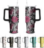 40oz Skull Tumbler with Handle and Straw, Skeleton Gothic Floral Stainless Steel Insulated Cup with Lid and Straw, Horror Travel Coffee Mug Water Bottle, Birthday Halloween Gifts for Women Men - Image 2