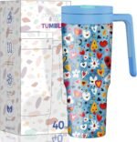 40oz Tumbler with Handle and Straw & Handle - Vacuum Insulated Cup, Leakproof Vacuum Cup for Travel/Gym/Office/Car, Keeps Cold 24 Hours, Includes Tea Filter (304 Steel, Gift Ready) (Blue Flower) - Image 2