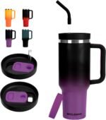 40oz Tumbler with Handle and Straw Spout 2-in-1 Lid, Spill Leak Proof Insulated Travel Cup Traveler Water Mug Keep Cold Hot, Dishwasher Safe Stainless Steel Bottle Gifts for Women Men, Black Purple - Image 2