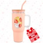 46 Oz Glass Tumbler with Lid – Large Peach Tumbler with Straw and Lid | Ergonomic Glass Water Bottle with Handle, 2 Straws, Silicone Sleeve, Dishwasher Safe, Easy Visibility | Valentine's Day Gift - Image 2