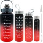 4pcs Water Bottle Set,64oz+28oz+14oz+9oz Large Capacity Sports Fitness Water Bottle,Leak Proof,Straw Inspirational Water Bottle,For Family Camping Outdoor(4pcs Black red) - Image 2