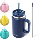 50 Oz Tumbler with Handle and Straw Large Insulated Tumbler Stainless Steel Travel Mug for Hot & Cold Drinks, Reusable Water Bottle with Lids and Straw - Navy Blue - Image 2