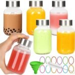 6 Pack Glass Juice Bottles with Lids - 5 oz Clear Water Bottles With Stainless Steel Cap - Liquid Storage Containers for Juicing, Refrigerator - Includes 12 blank labels, 1 Folding Funnel and 1 Brush - Image 2