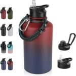 64 oz Insulated Water Bottle with Straw & Spout Lids, Stainless Steel Metal Half Gallon Water Jug with Paracord Handle, Double Wall Vacuum, Leakproof, Keep Drinks Cold & Hot, Ruby Purple Gradient - Image 2