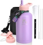 64 oz Insulated Water Bottle with Straw, Vacuum COLD for 36 Hrs, Non-BPA & Leak Proof, Half Gallon Stainless Steel Water Jug with Paracord Handle, Straw & Spout Lid, Lavender - Image 2