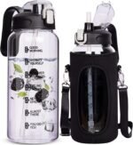 64 oz Motivational Glass Water Bottle with Straw & Time Marker Half Gallon Large Reusable Water Jug BPA-free Borosilicate Drinking Bottle with Flip Top & Sleeve for Infused Water Wide Mouth - Image 2