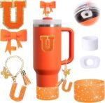 6PCS Orange Stanley Cup Accessories Set Fit for Stanley Cup 30oz 40oz,Including Spill Proof Stopper,Sparkly Silicone Boot,Bow Shape Straw Topper,Personalized Sticker,Handle Charm (Letter U) - Image 2