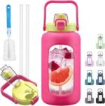 72oz Glass Water Bolttles, 3-in-1 Straw and Sip Spout Handle Lid, Half Gallon Water Bottle with Time Marker and Silicone Sleeve, BPA-Free Sports Water Bottle for Gym, School, Bright Pink - Image 2