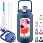 72oz Glass Water Bolttles, 3-in-1 Straw and Sip Spout Handle Lid, Half Gallon Water Bottle with Time Marker and Silicone Sleeve, BPA-Free Sports Water Bottle for Gym, School, DBlue - Image 2
