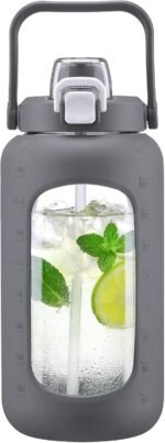 72oz Glass Water Bottle with 2-IN-1 Straw &Chug Lid, Large Motivational Glass Bottle with Capacity Marker and Silicone Sleeve, 2.1L Gallon Water Jug for Home, Sports, Gym, BPA Free-Gray - Image 2