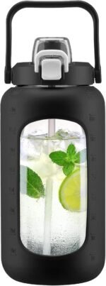 72oz Glass Water Bottle with 2-IN-1 Straw &Chug Lid, Large Motivational Glass Bottle with Capacity Marker and Silicone Sleeve, 2.1Liter Gallon Water Jug for Home, Sports, Gym, BPA Free-Black - Image 2