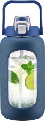 72oz Glass Water Bottle with 2-IN-1 Straw &Chug Lid, Large Motivational Glass Bottle with Capacity Marker and Silicone Sleeve, 2.1Liter Gallon Water Jug for Home, Sports, Gym, BPA Free-Blue - Image 2
