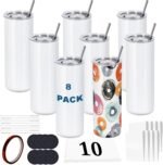 8 Pack 20 OZ Sublimation Tumblers Bulk, Skinny Straight White Sublimation Cups, Stainless Steel Double Wall Insulated Tumbler for Heat Transfer, Individually Boxed - Image 2