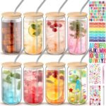 8 Pcs 16 oz Plastic Cups with Lids and Straws Acrylic Mason Jars with Bamboo Lids Mason Jar tumblers with Sticker and Diamond for DIY Decorate Mugs Drinking for Water Beverage Beer (Clear) - Image 2
