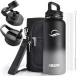 AEXPF 32 oz Sports Water Bottle, Stainless Steel Vacuum Insulated Water Flask Bottle with Straw Lids, Reusable Leakproof Metal Thermos, Water Bottle with Carrying Pouch for Gym Cycling, Black and Gray - Image 2