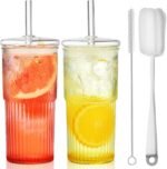 ALINK Glass Cups with Lids and Straws, 22 oz High Borosilicate Clear Iced Coffee Glass Tumblers, Drinking Glass Smoothie Tea Water Cups, Pack of 2 with Cleaning Brush - Image 2