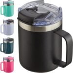 ALOUFEA 12oz Insulated Coffee Mug Cup with Handle, Stainless Steel Travel Coffee Mug with Flip Lid, Double Wall Vacuum Coffee Tumbler, Black - Image 2