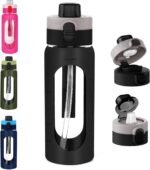 ANOTION 24OZ Glass Water Bottle, Large Sports Water Bottle with Dual-Drink Lid Clear Leakproof Glass Bottles with Straw, Motivational Jug with Silicone Sleeve and Time Marker for Travel Gym-Black - Image 2