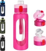 ANOTION 24OZ Glass Water Bottle, Large Sports Water Bottle with Dual-Drink Lid Clear Leakproof Glass Bottles with Straw, Motivational Jug with Silicone Sleeve and Time Marker for Travel Gym-Pink - Image 2
