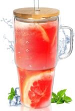 ANOTION Glass Cups with Lids and Straws - 40 Oz Tumbler with Handle and Straw Glass Water Bottles Drinking Glasses with Straws Iced Coffee Cups Travel Coffee Mug Smoothie Tumbler - Image 2