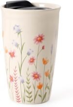 ANTIS'S HOME Ceramic Travel Mug with Lid, Flower Pattern Beige Double Wall Coffee Mug Tumbler, Reusable Tall Cup, Splash Resistant Lid, Dishwasher Microwaveable Safe - Image 2