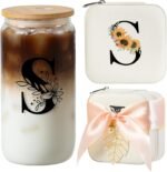 AYGXU Initial glass cups with lids and straws,personalized gifts for women,iced coffee cups,small jewelry box,travel jewelry case organizer,small jewelry travel case,Initial S white - Image 2