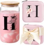 AYGXU mothers day gifts,monogram glass cup,appreciation gifts,Cute Tumbler Cup,bamboo lids for glass cups,Travel Jewelry Organizer,Teen Girls Gifts for Teenage Girls Birthday,Initial H pink - Image 2