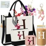AiHeart Birthday Gift for Women,Initial Canvas Tote Bag,Personalized Gifts for Women,16oz Glass Cup With Straw,Beach Bag,Jewelry Storage Box,Monogrammed Gifts for Woman Mom Sister Bestie-H - Image 2