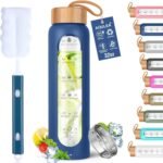Aqulea Glass Water Bottles 32 Oz with Silicone Sleeve - BPA Free Reusable Wide Mouth Glass Motivational Water Bottles with Fruit Infuser – Leak Proof Borosilicate Water Bottle with Time Marker (Blue) - Image 2
