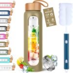Aqulea Glass Water Bottles 32 Oz with Silicone Sleeve - BPA Free Reusable Wide Mouth Glass Motivational Water Bottles with Fruit Infuser – Leak Proof Borosilicate Water Bottle with Time Marker (Champ) - Image 2