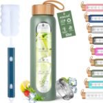 Aqulea Glass Water Bottles 32 Oz with Silicone Sleeve - BPA Free Reusable Wide Mouth Glass Motivational Water Bottles with Fruit Infuser – Leak Proof Borosilicate Water Bottle with Time Marker (Green) - Image 2