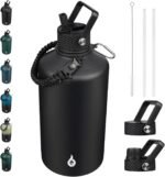 BJPKPK 1 Gallon Water Bottle with Straw Lid, 50oz, 64oz, 87oz, 128oz Large, Stainless Steel Water Bottles with 3 Lids and Paracord Handle, Double Wall Vacuum Metal Water Jug, Black - Image 2