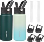 BJPKPK 2 Pack Insulated Water Bottles with Straw Lids, 18oz Stainless Steel Metal Water Bottle with 6 Lids, Leak Proof BPA Free Jugs, Cups, Flasks for Travel, Sports (Army Green+Mint) - Image 2