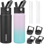 BJPKPK 2 Pack Insulated Water Bottles with Straw Lids, 22oz Stainless Steel Metal Water Bottle with 6 Lids, Leak Proof BPA Free Jugs, Cups, Flasks for Travel, Sports (Lavender Green+Black) - Image 2