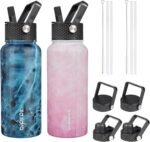BJPKPK 2 Pack Insulated Water Bottles with Straw Lids, 32oz Stainless Steel Metal Water Bottle with 6 Lids, Leak Proof BPA Free Jugs, Cups, Flasks for Travel, Sports (Blossom+Ocean) - Image 2