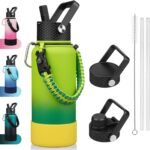 BJPKPK 32oz Insulated Water Bottles with 3 Lids, Paracord Handle & Non-slip Boot, Stainless Steel Metal Water Bottle,Reusable BPA Free Thermal Flasks, Tumblers, Bamboo Grove - Image 2