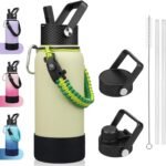 BJPKPK 32oz Insulated Water Bottles with 3 Lids, Paracord Handle & Non-slip Boot, Stainless Steel Metal Water Bottle,Reusable BPA Free Thermal Flasks,Macaron Green - Image 2