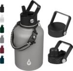 BJPKPK 50oz Stainless Steel Insulated Water Bottle, Vacuum Water Bottle with Straw, Leak Proof, Hot & Cold Insulation, 3 Lids & Paracord Handle, Gray - Image 2