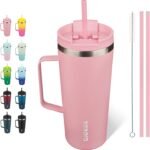 BJPKPK Insulated Tumbler with Handle, 22oz Insulated Tumblers with Lid and Straw, Stainless Steel Metal Water Bottles, Coffee Travel Mugs, Cups, Light Pink - Image 2