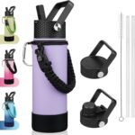 BJPKPK Insulated Water Bottle with Straw Lid, 22oz Thermal Flasks Water Bottles with 3 Lids, Paracord Handle & Non-slip Boot, BPA Free Leak Proof Stainless Steel Tumblers,Lavender - Image 2